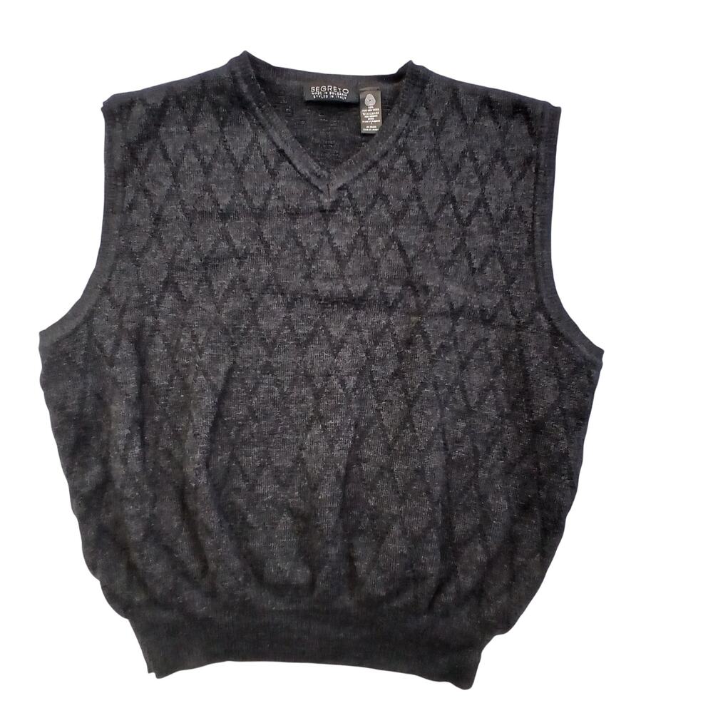 Segreto Vintage Black 100% Merino Wool V-Neck Diamond Knit Sweater Vest